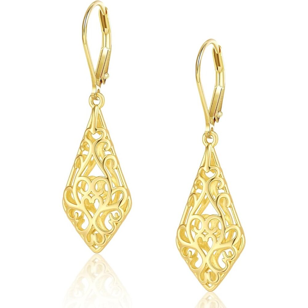 🆕Women's 14K Gold Plated 925 Sterling Filigree Dangling Lever back Earrings